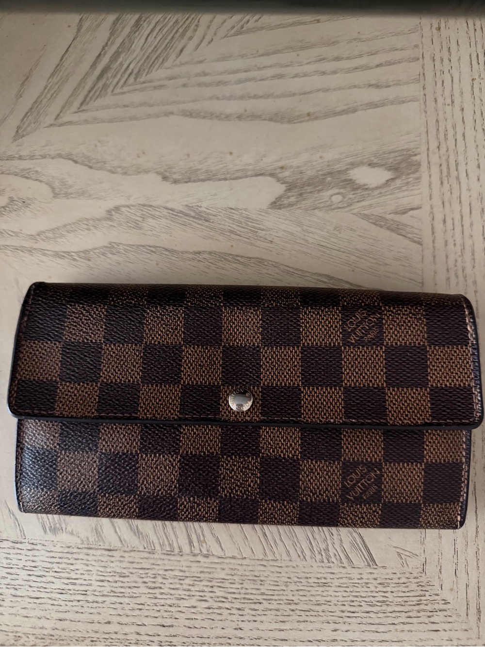 Louis Vuitton Brown Damier Checkered Long Wallet with Snap Closure